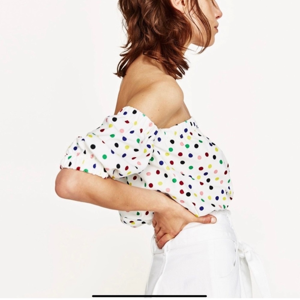 Zara Rainbow Polka Dot Off the Shoulder Crop Top White Multicolor Size Large